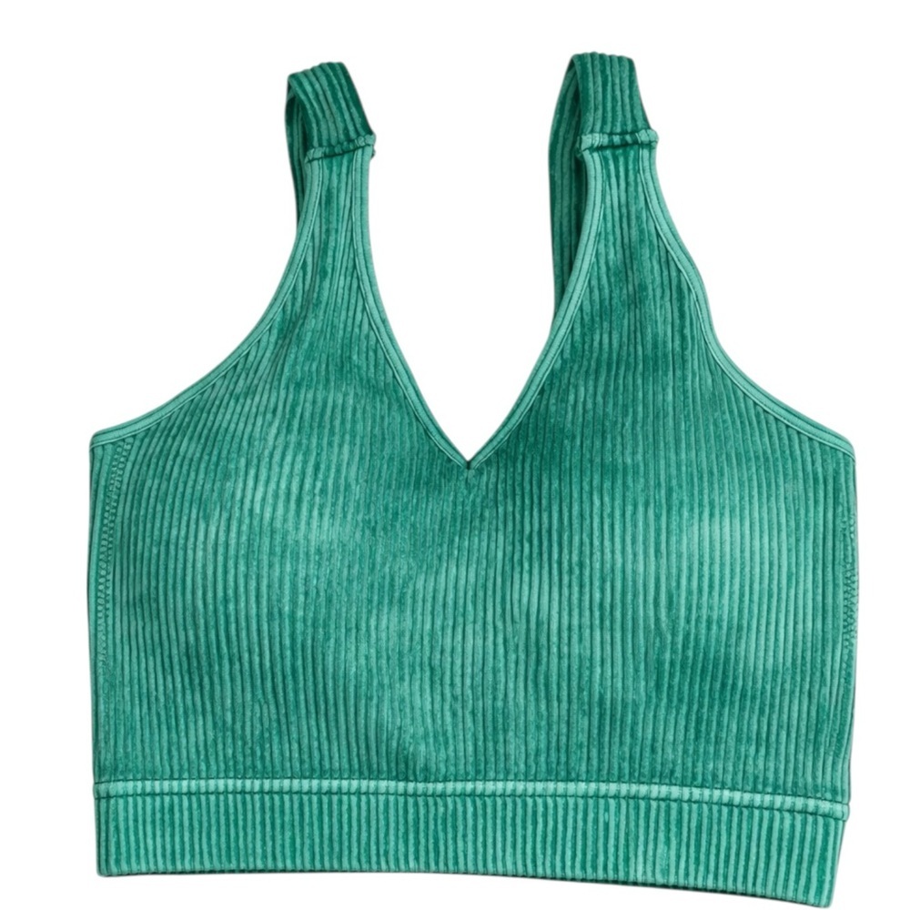 Zenana L/XL Ribbed Washed Green V-Neck Longline Bralette Sports Bra